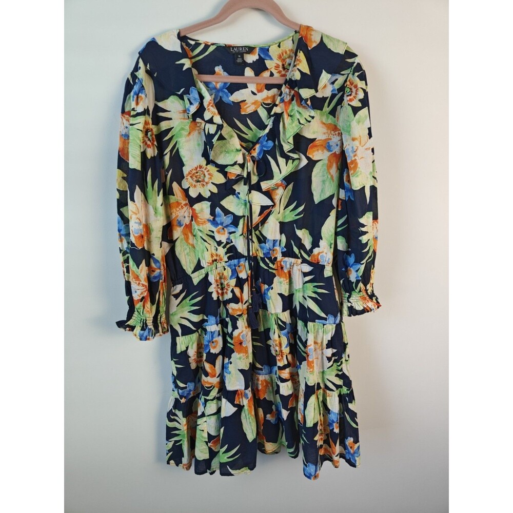Lauren Ralph Lauren Womens Tropical Floral Cotton Voile Dress Size 14